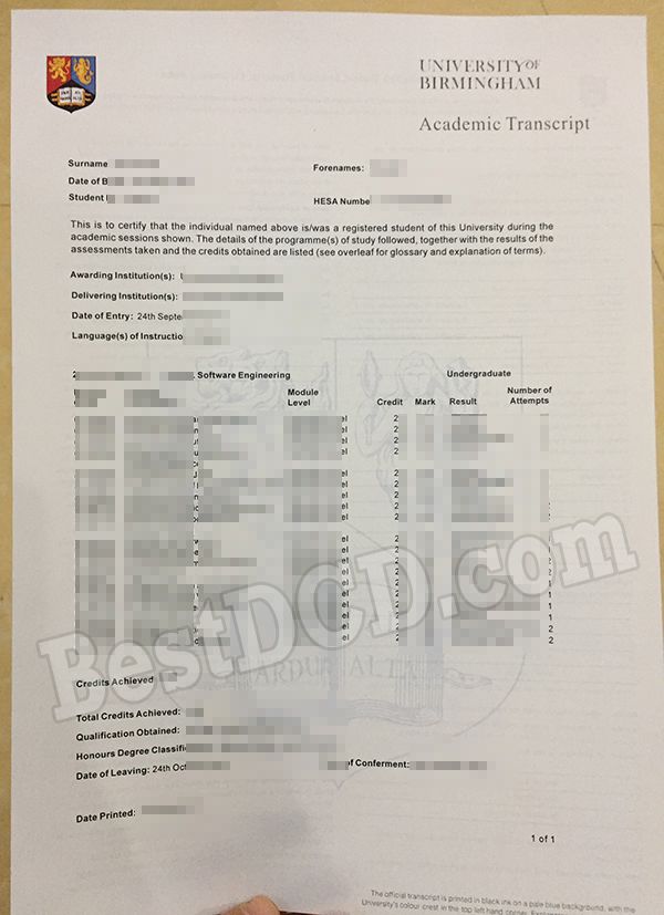 University of Birmingham fake transcript