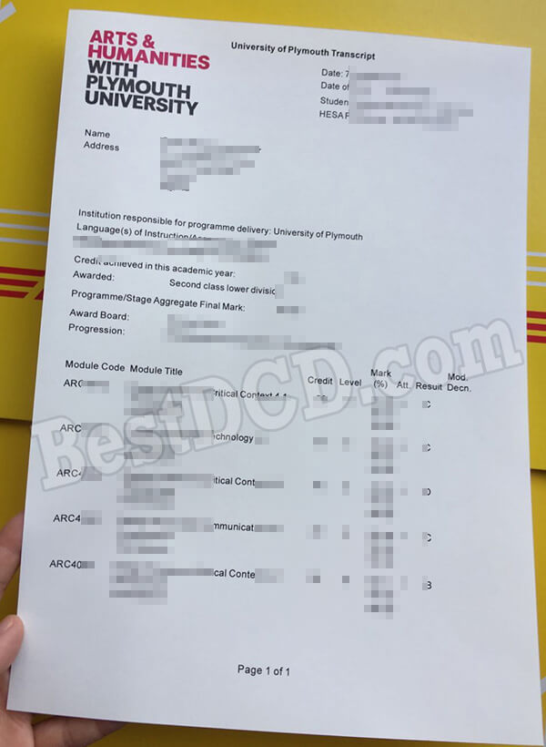 University of Plymouth fake transcript